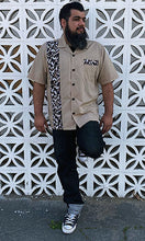 Load image into Gallery viewer, Don Muerto Bowling Shirt in Khaki with Leopard Print