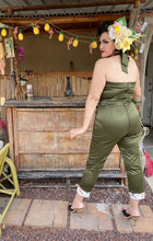 Load image into Gallery viewer, Lady De Jumpsuit in Green with White Tiki Bird Print
