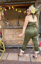 Load image into Gallery viewer, Lady De Jumpsuit in Green with White Tiki Bird Print