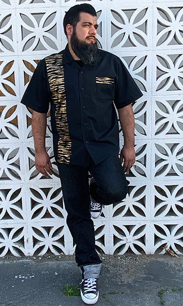 Don Muerto Bowling Shirt in Black with Golden Tiger Print