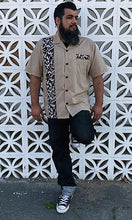 Load image into Gallery viewer, Don Muerto Bowling Shirt in Khaki with Leopard Print
