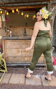 Lady De Jumpsuit in Green with White Tiki Bird Print